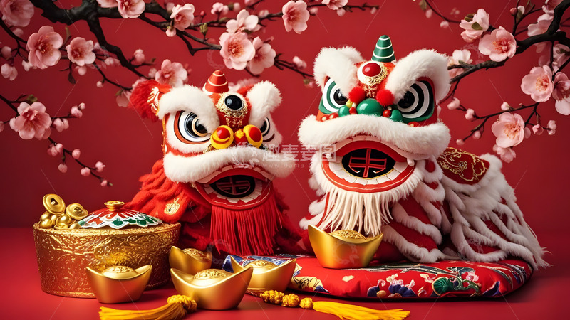 高清大图下载【趣麦麦图】新年春节与舞狮文化象征