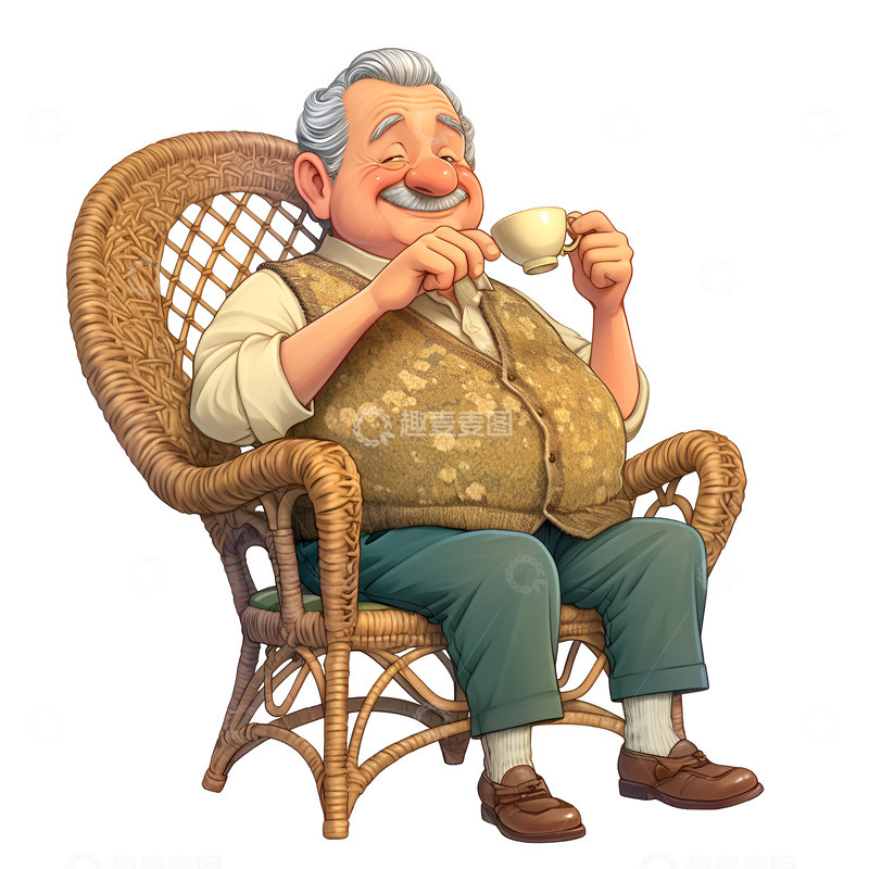 高清大图下载【趣麦麦图】卡通简约坐在藤椅上喝茶的老爷爷