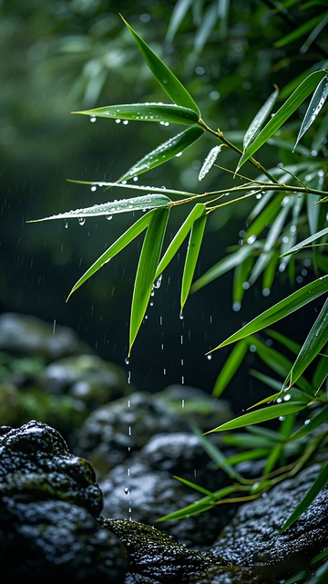 雨中竹叶岩石景