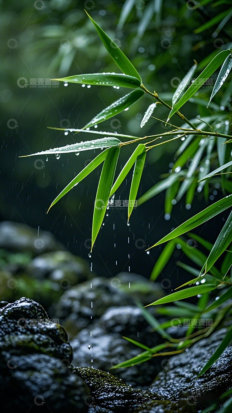 高清大图下载【趣麦麦图】雨中竹叶岩石景