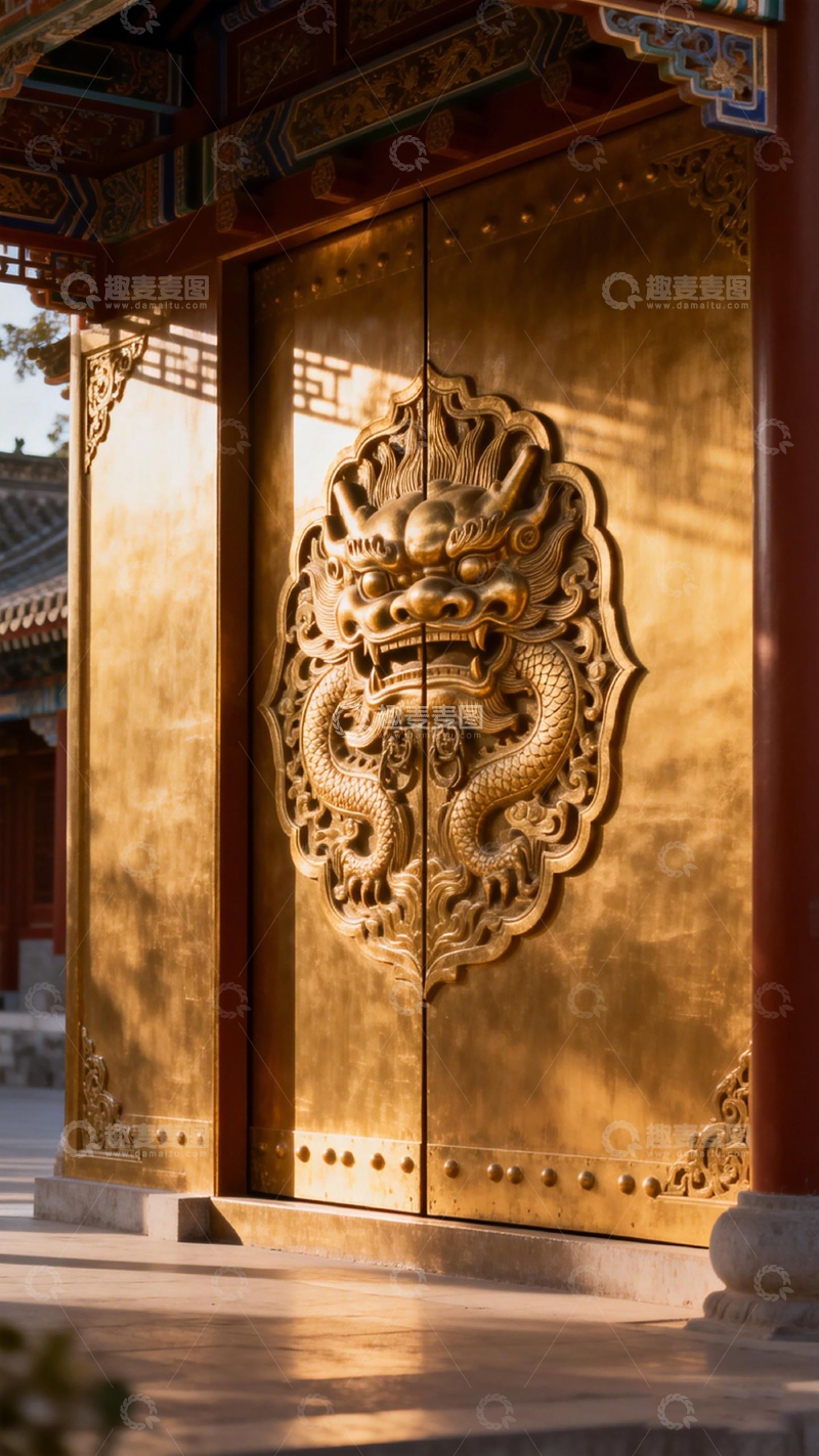 高清大图下载【趣麦麦图】金色龙雕传统建筑门扉