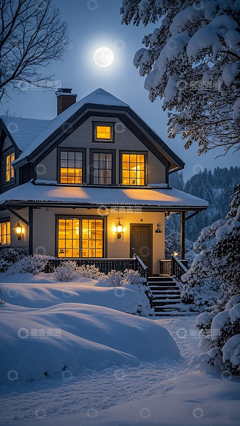 高清大图下载【趣麦麦图】雪夜温馨小屋