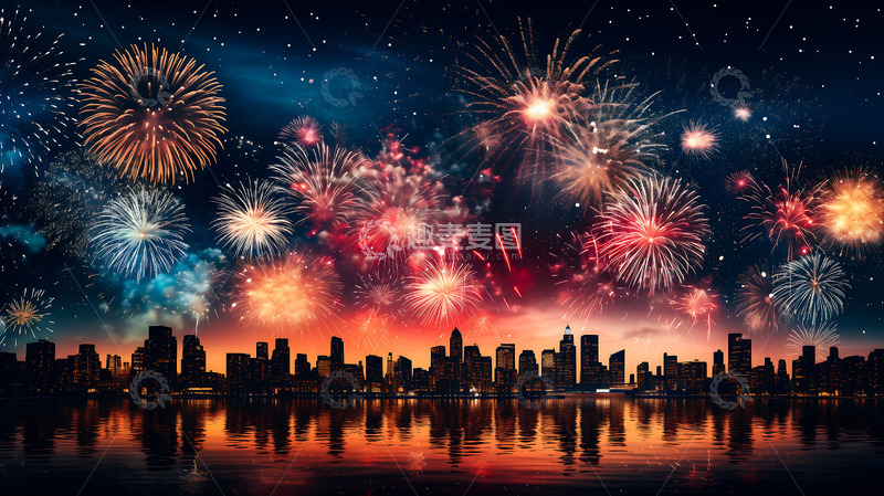 高清大图下载【趣麦麦图】春节城市烟花夜景