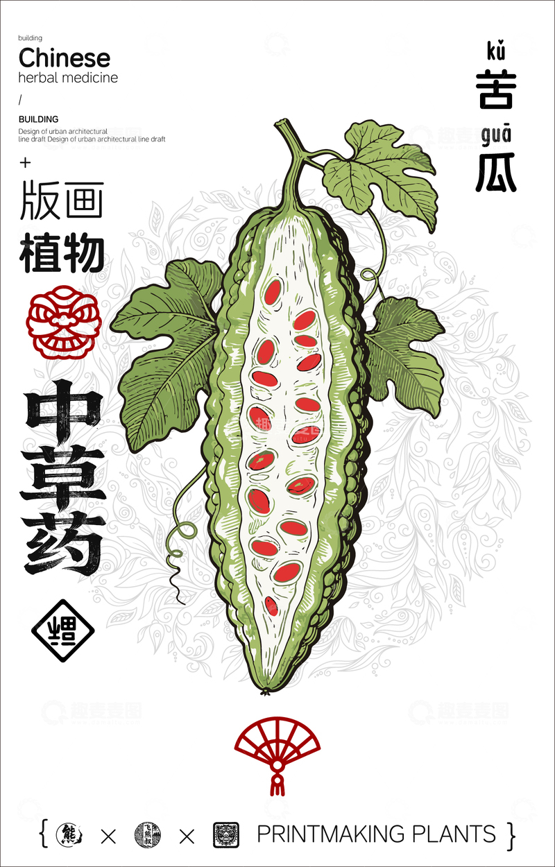 源文件下载【趣麦麦图】苦瓜中草药植物线稿版画线稿