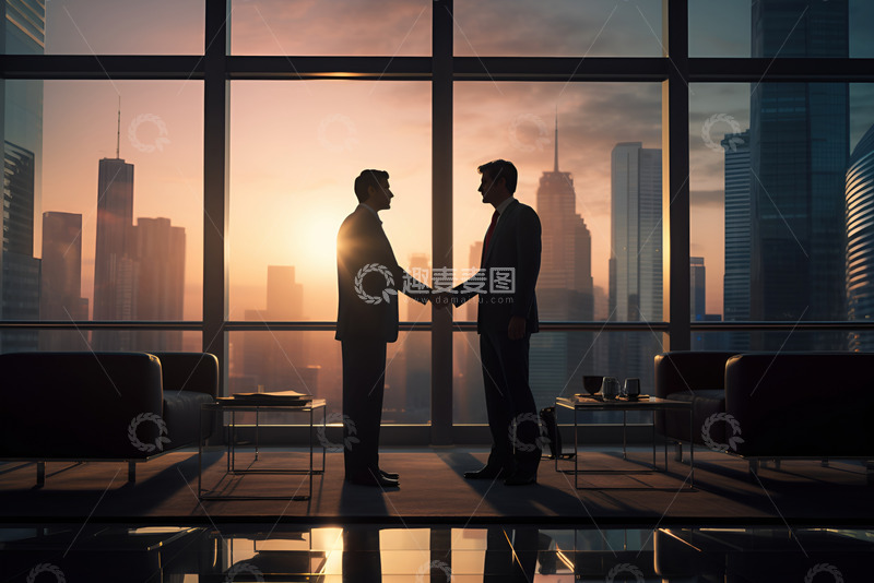 高清大图下载【趣麦麦图】站在玻璃窗前握手的两个老板