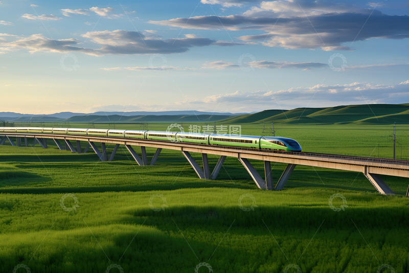 高清大图下载【趣麦麦图】大草原高架桥上飞驰的火车