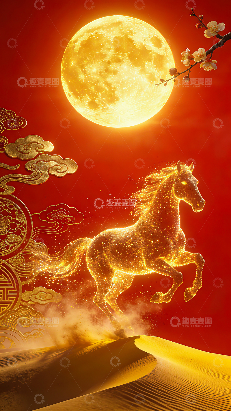 高清大图下载【趣麦麦图】马年开工海报-粒子奔马（无字02）