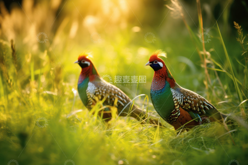 高清大图下载【趣麦麦图】草丛中的两只野鸡