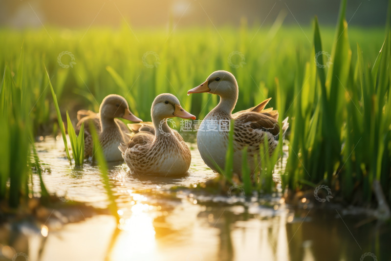 高清大图下载【趣麦麦图】稻田里的一群鸭子