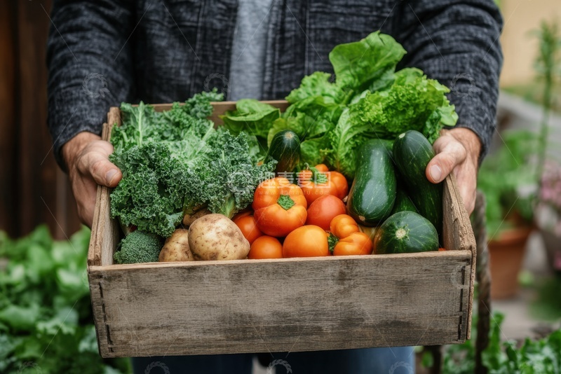 高清大图下载【趣麦麦图】农民抱着一篮筐的蔬菜西红柿