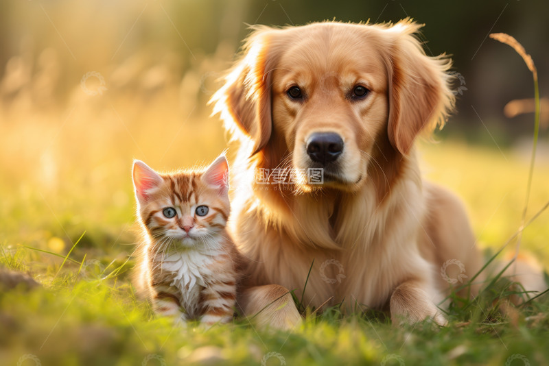 高清大图下载【趣麦麦图】草坪上的金毛和小猫咪