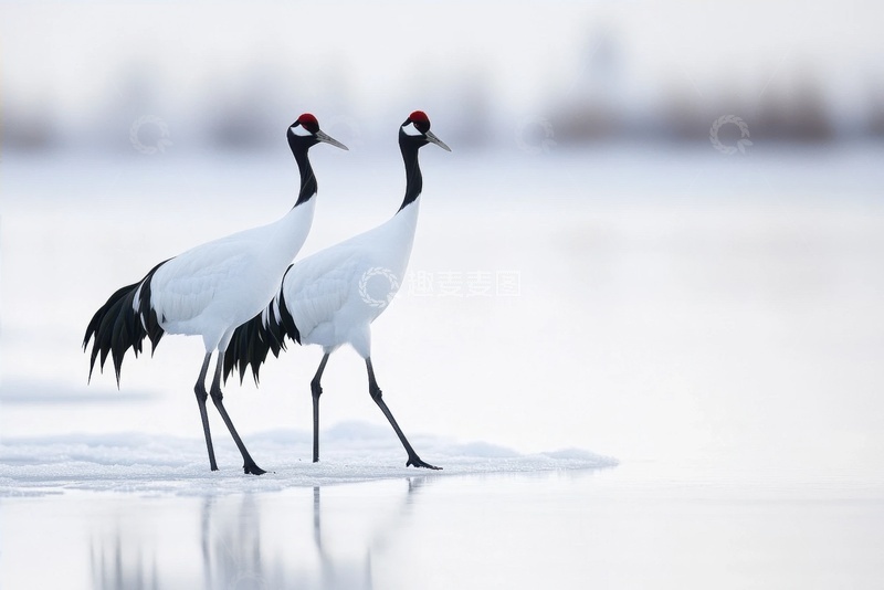 高清大图下载【趣麦麦图】湖面上行走的两只仙鹤