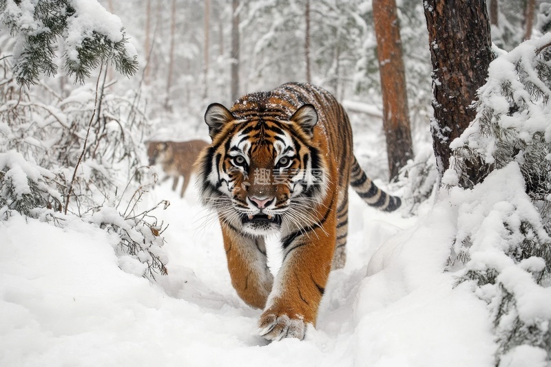 高清大图下载【趣麦麦图】冬季雪地上行走的老虎