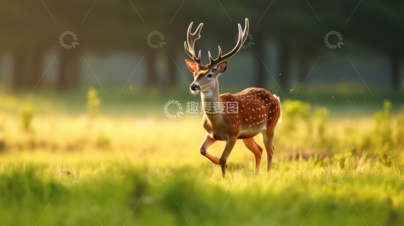 高清大图下载【趣麦麦图】草地上奔跑的梅花鹿