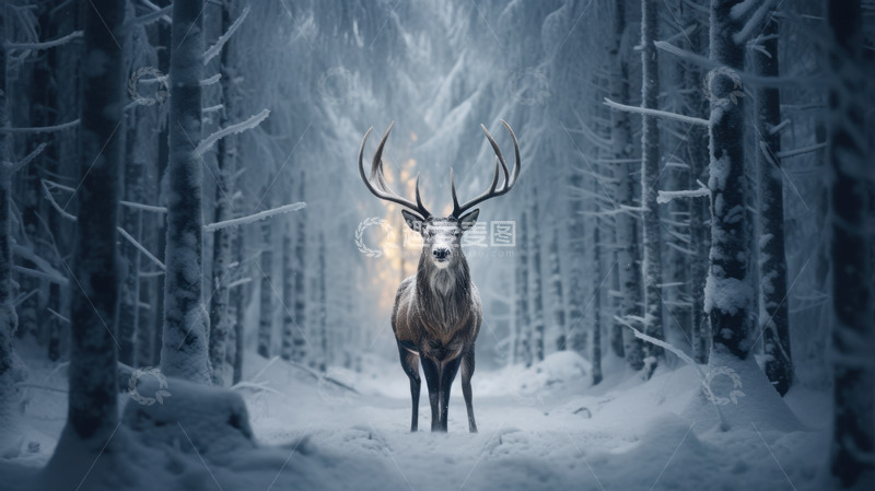 高清大图下载【趣麦麦图】雪地树林里的一只麋鹿