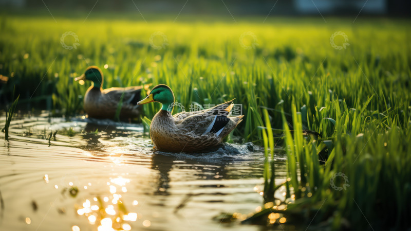 高清大图下载【趣麦麦图】稻田里的鸭子