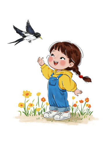 春天踏青的小女孩燕子草地鲜花卡通手绘插画