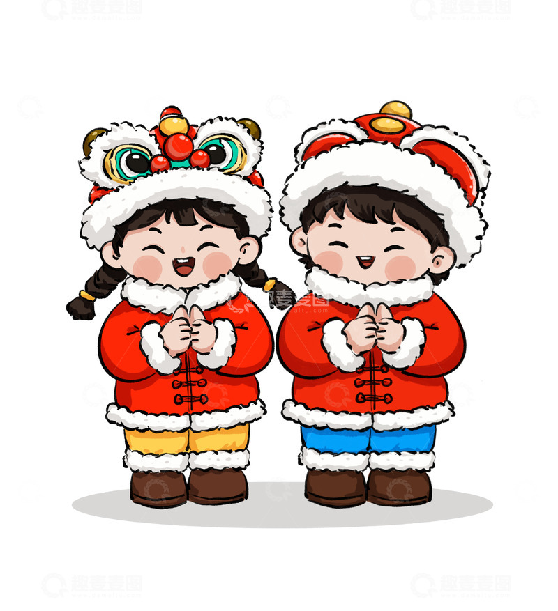 源文件下载【趣麦麦图】春节新年拜年小孩醒狮帽儿童插画新年快乐