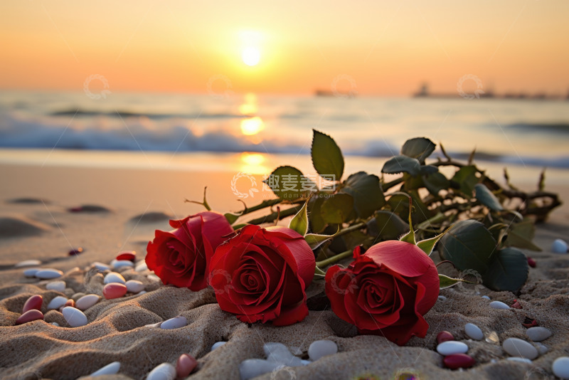 高清大图下载【趣麦麦图】沙滩上放着一把玫瑰花