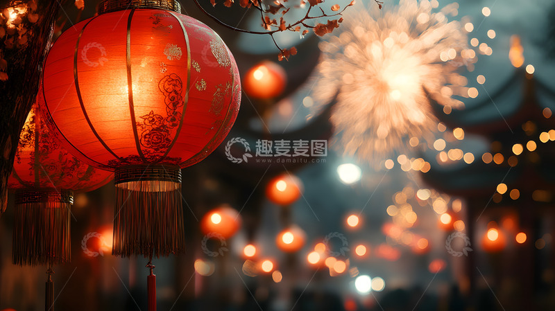 高清大图下载【趣麦麦图】2025新年烟花与灯笼