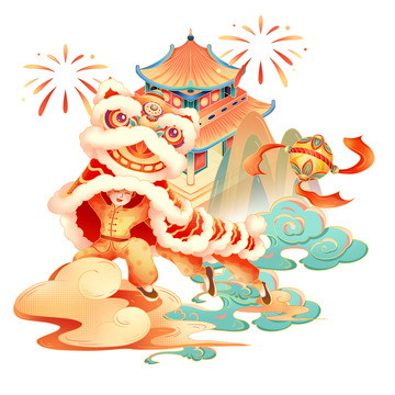 春节舞狮插画