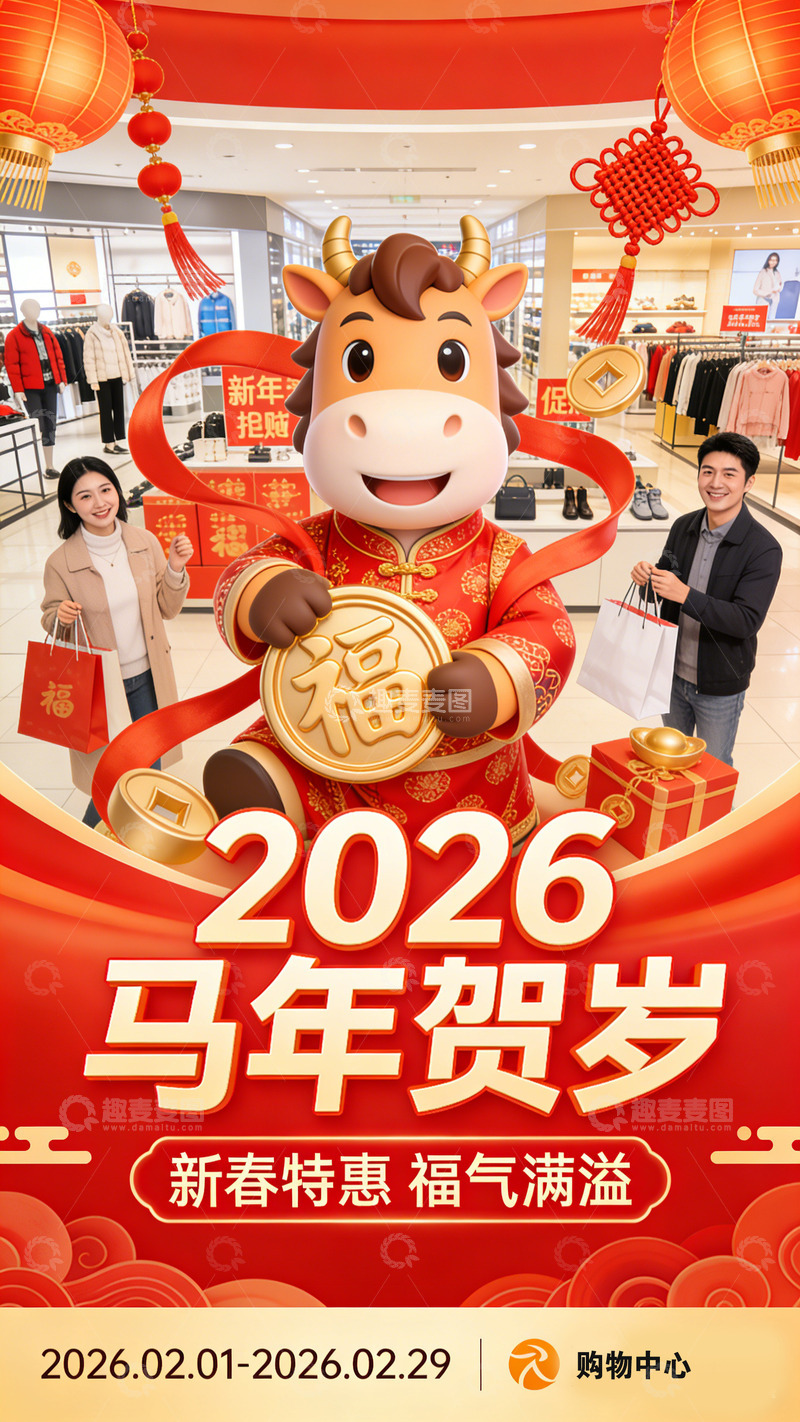 高清大图下载【趣麦麦图】马年新春购物促销海报设计