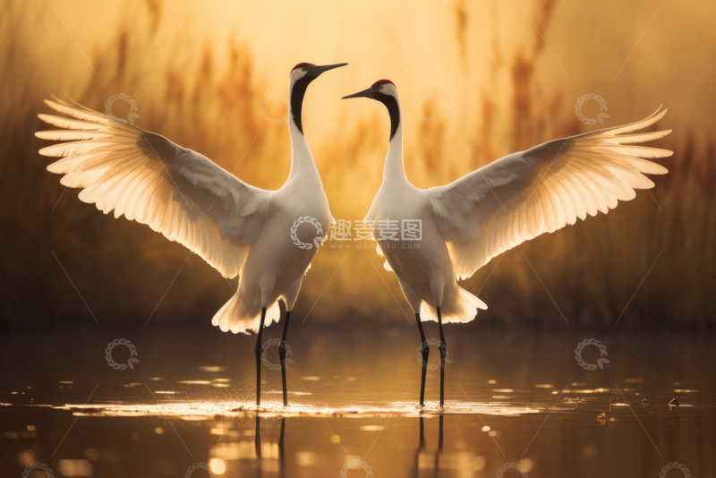高清大图下载【趣麦麦图】两只跳舞的白鹤