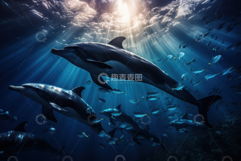 高清大图下载【趣麦麦图】大海里的海豚和鱼群