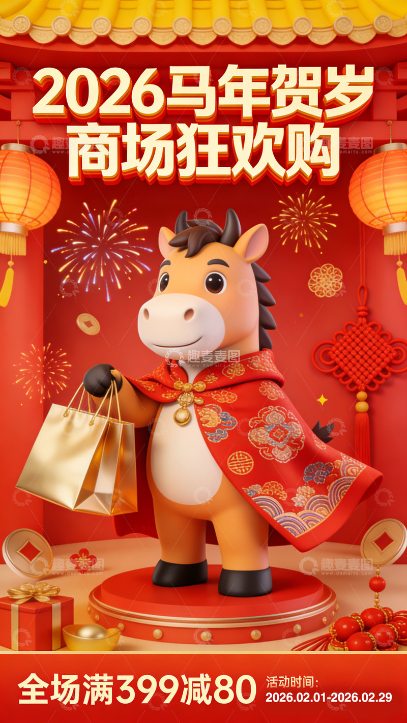 高清大图下载【趣麦麦图】卡通马年贺岁促销海报设计素材
