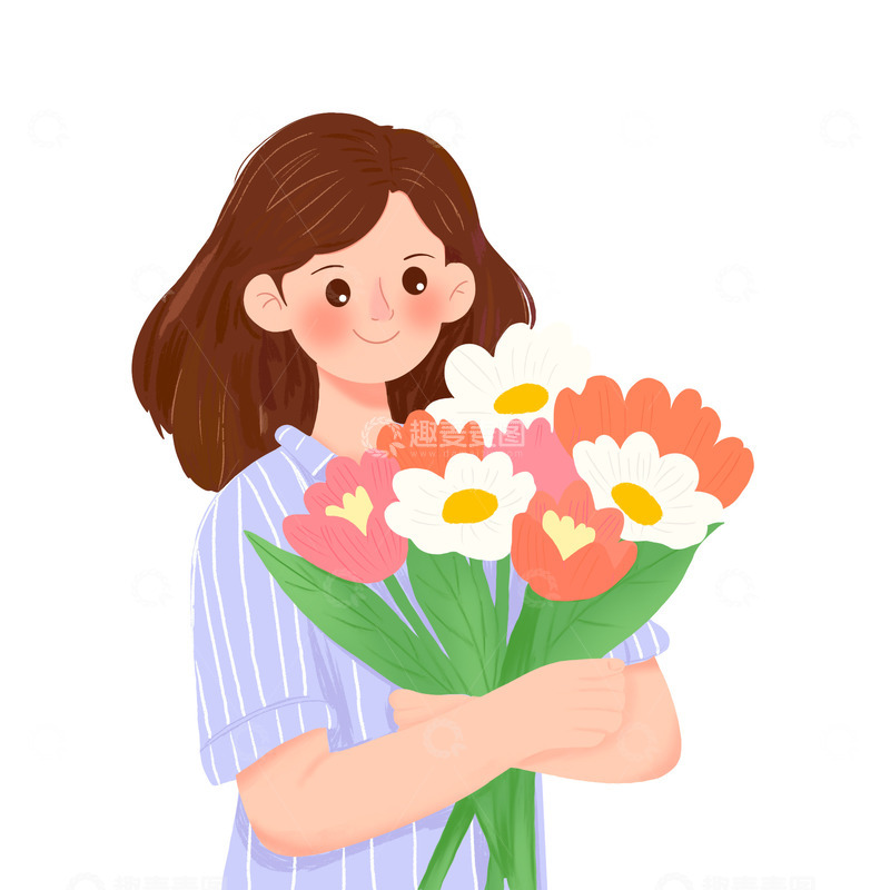 源文件下载【趣麦麦图】抱着鲜花的女性人物形象