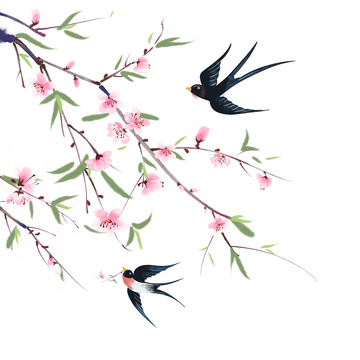 春天桃花树枝燕子飞舞手绘插画元素