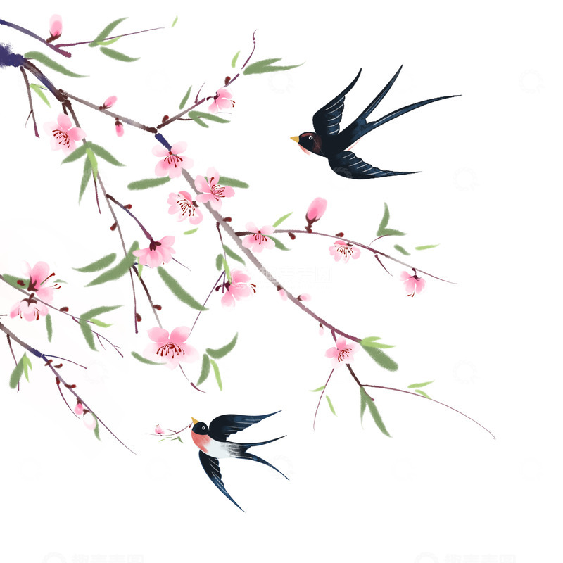 源文件下载【趣麦麦图】-春天桃花树枝燕子飞舞手绘插画元素