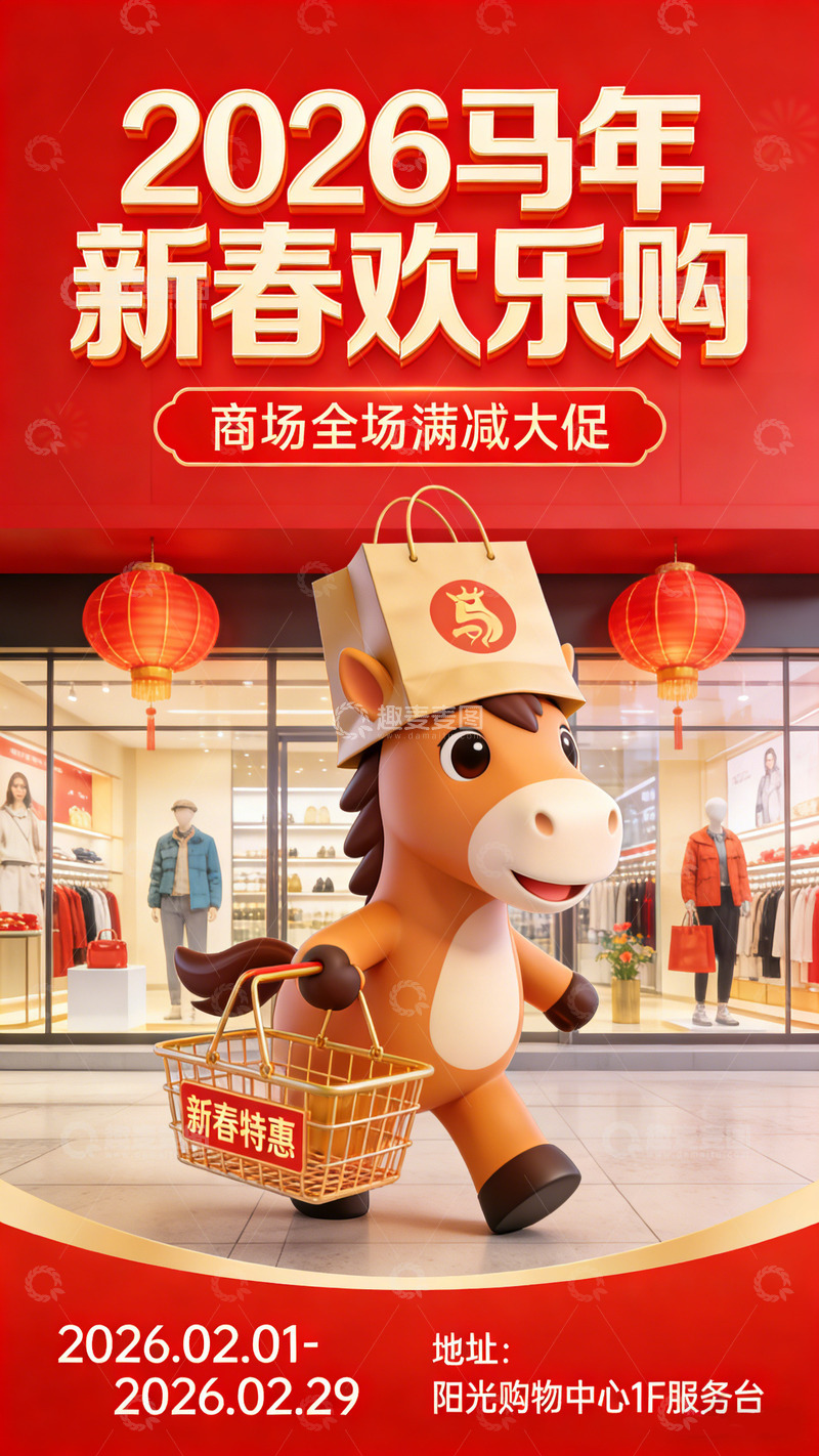 高清大图下载【趣麦麦图】卡通马年新春购物促销海报