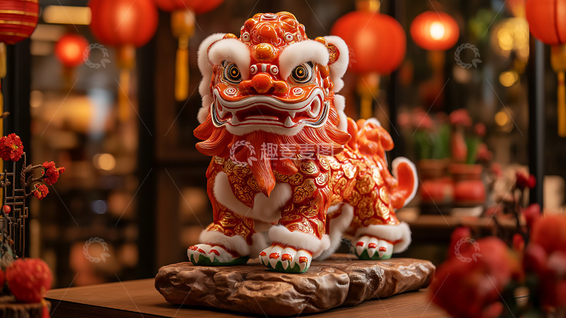 高清大图下载【趣麦麦图】陶瓷新春醒狮摆件舞狮