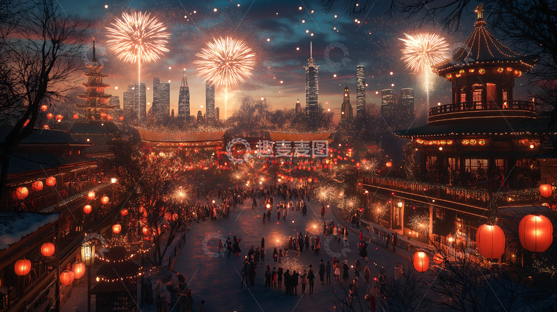 高清大图下载【趣麦麦图】烟花春节礼炮夜景