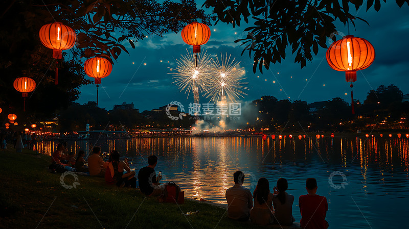 高清大图下载【趣麦麦图】喜庆湖边新春烟花夜景