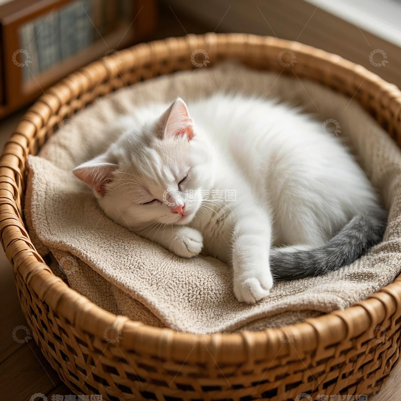 高清大图下载【趣麦麦图】篮子里安睡的小猫咪