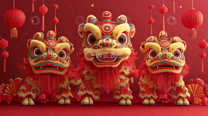 高清大图下载【趣麦麦图】新春玩偶舞狮醒狮摆件