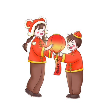 春节元宵节节日放花灯儿童插画