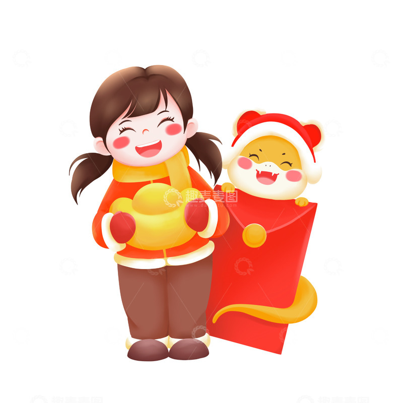 源文件下载【趣麦麦图】蛇年春节节日女孩蛇喜庆插画