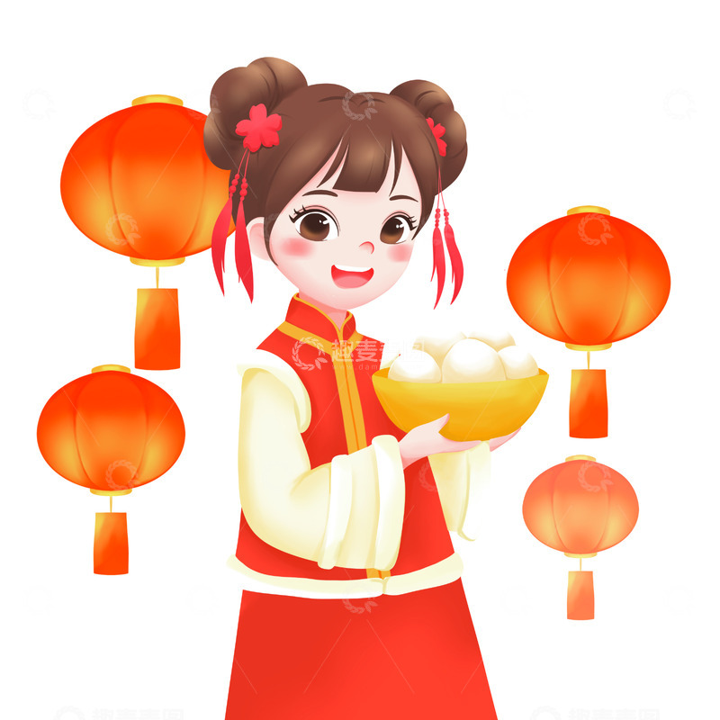 源文件下载【趣麦麦图】-元宵节可爱女孩花灯插画
