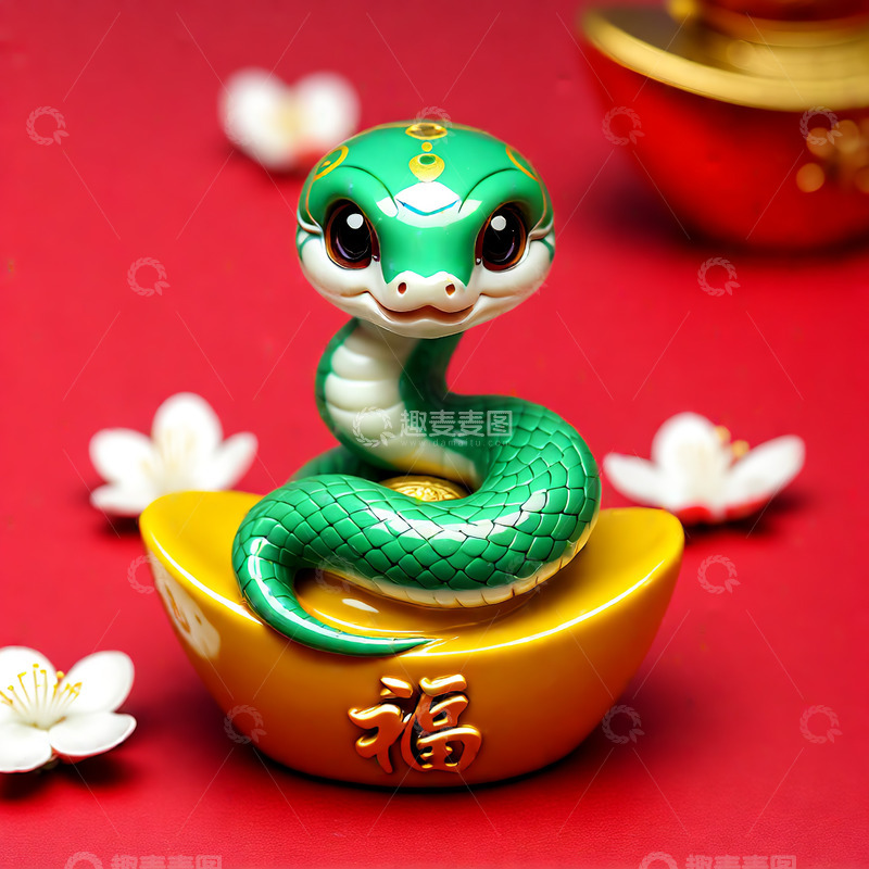 高清大图下载【趣麦麦图】春节新年陶瓷小绿蛇金元宝