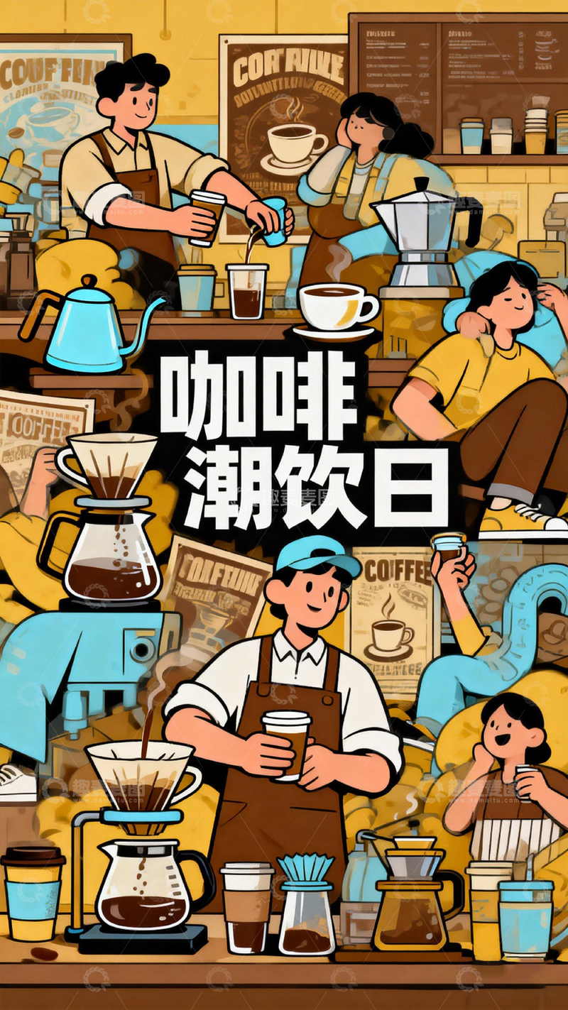 高清大图下载【趣麦麦图】咖啡潮饮日插画海报设计素材