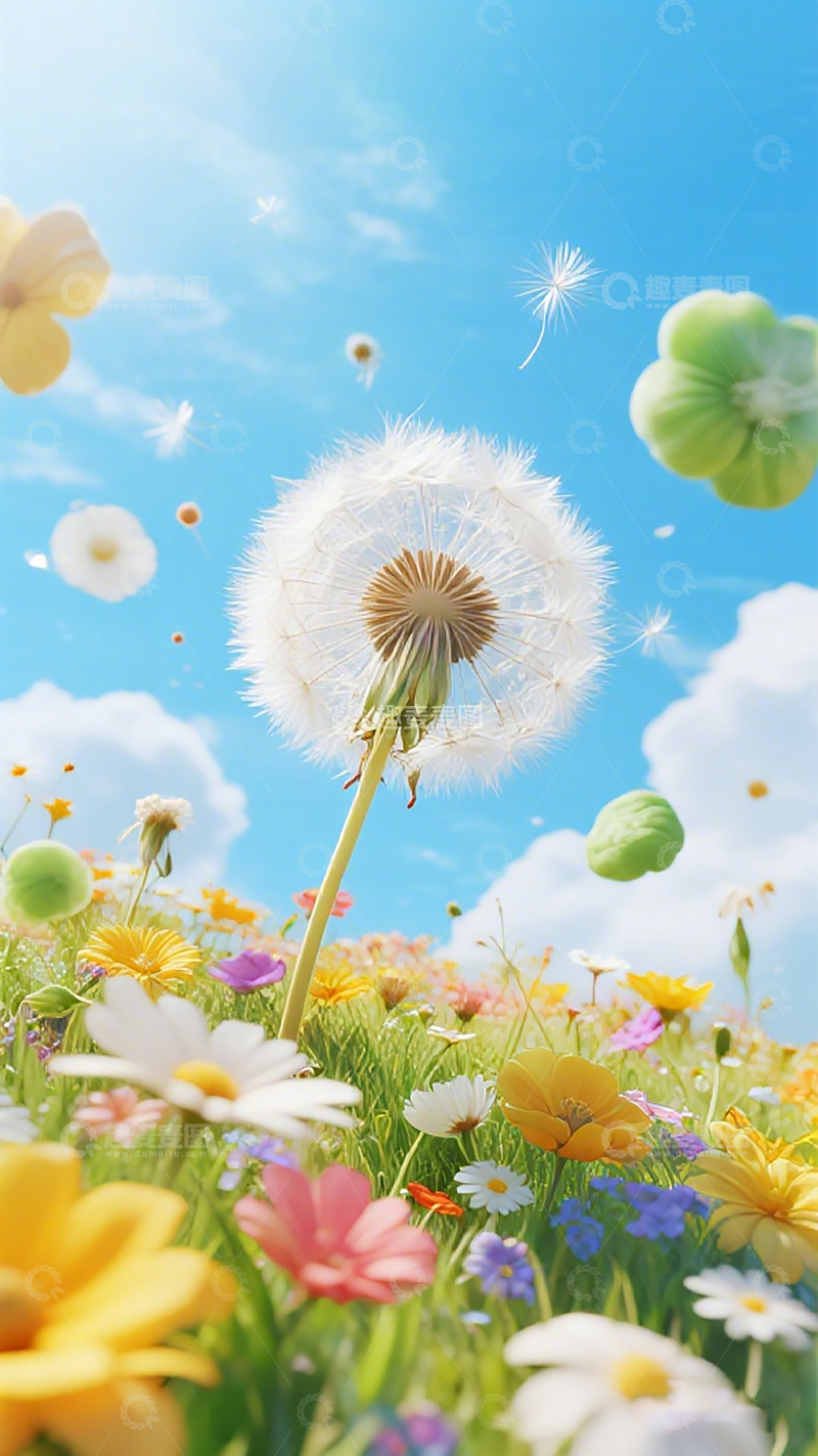 高清大图下载【趣麦麦图】春日花海蒲公英蓝天