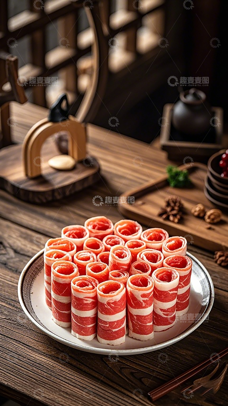 高清大图下载【趣麦麦图】木质桌面美食摄影肥牛卷