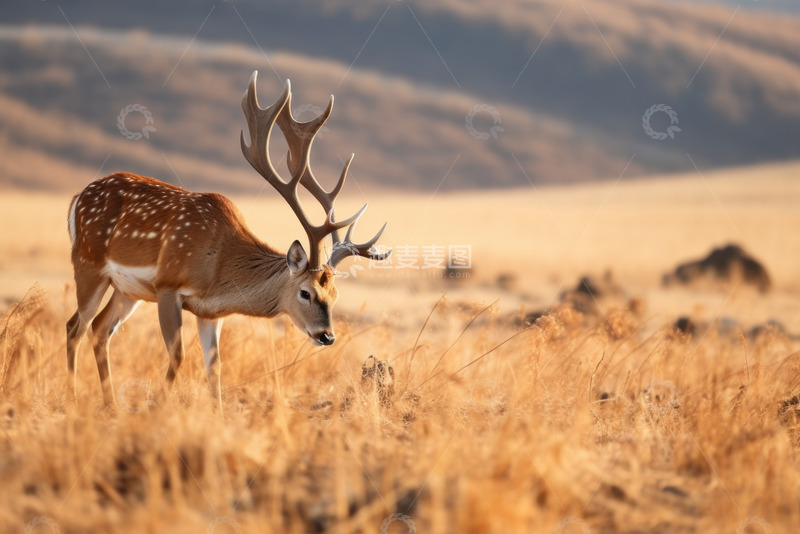 高清大图下载【趣麦麦图】荒草原上的一只麋鹿