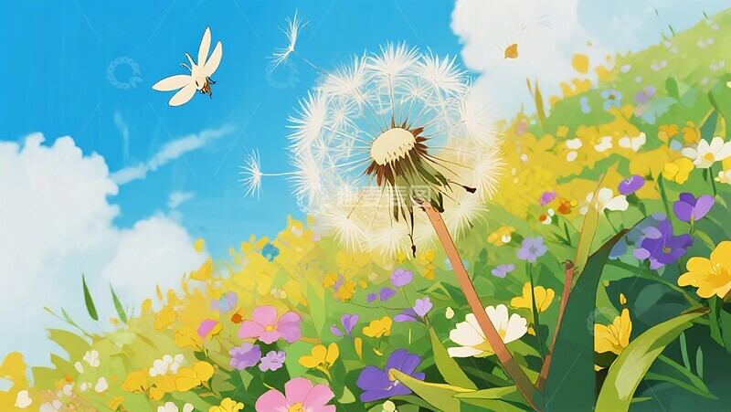 高清大图下载【趣麦麦图】田园风蒲公英花田插画素材