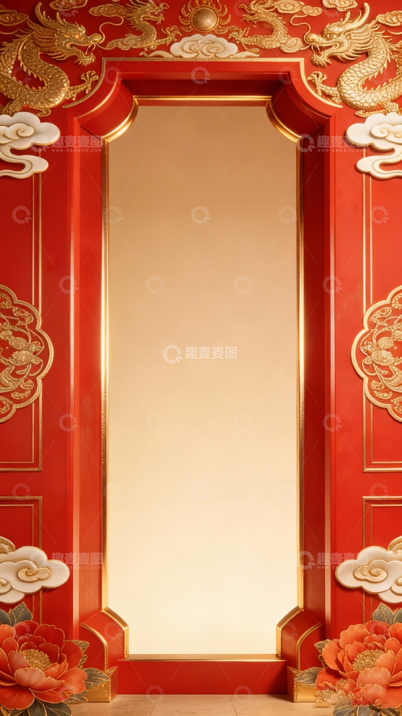 高清大图下载【趣麦麦图】红色中式装饰门插画设计