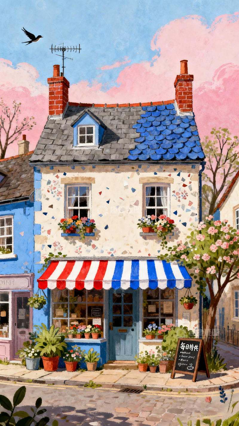 高清大图下载【趣麦麦图】田园风情小镇花店插画