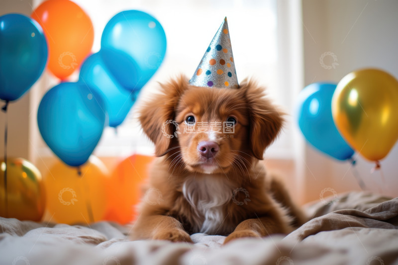 高清大图下载【趣麦麦图】带着生日帽子的小狗